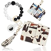 Sunpour Wallet Keychain Wristlet,Airtag Wristlet Wallet for Women RFID Credit Card Holder with boho beaded Cute Key Chains for Women (Cow)