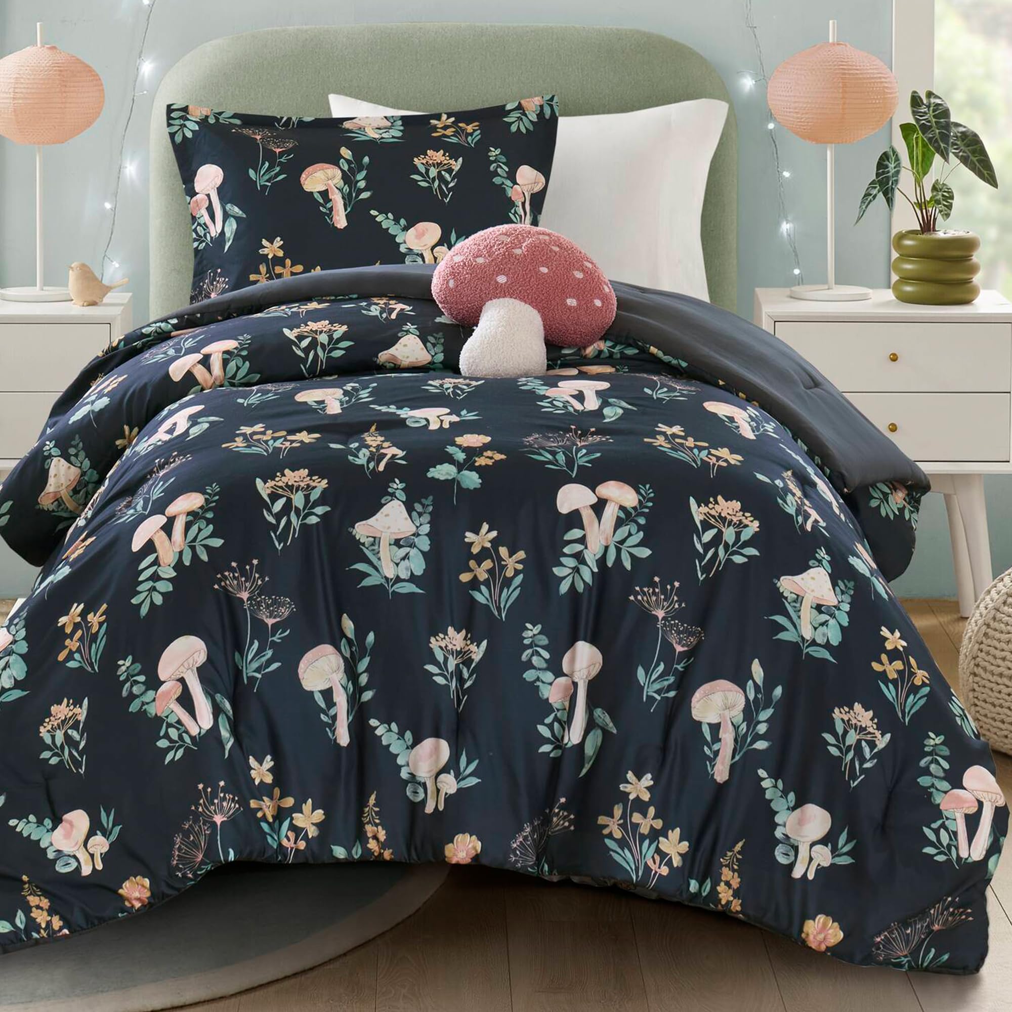 Intelligent Design Twin Comforter Set, Whimsical Floral & Mushroom Cottage Design, Microfiber Lightweight All Seasons Down Alternative Bedding, Sham & Décor Pillow, Gwen, Twin/Twin XL Navy 3 Piece Image
