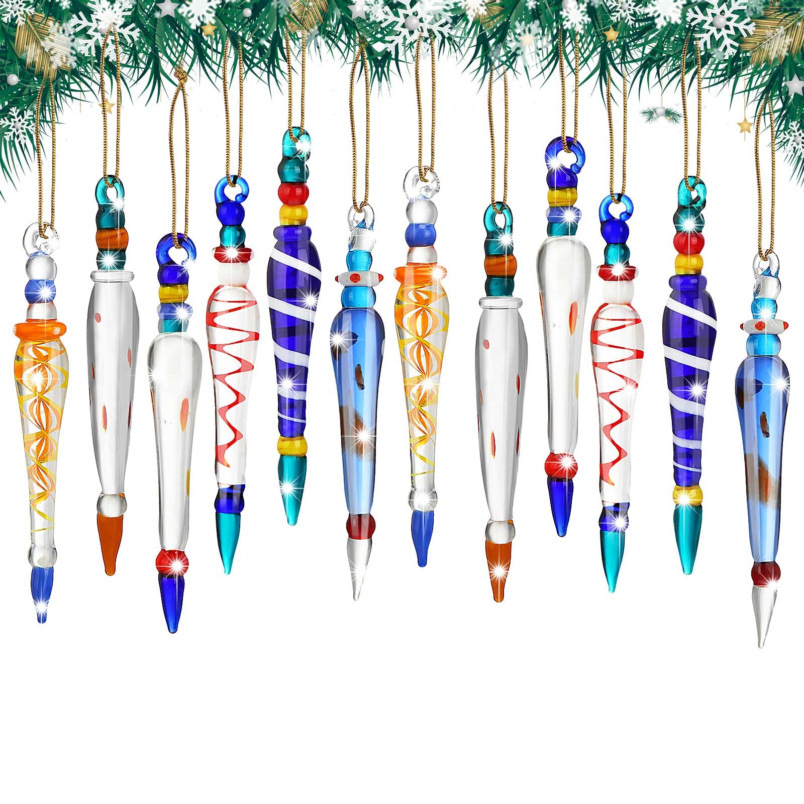 Photo 1 of 12 Pieces Colourful Glass Icicle Ornaments Set 4" Christmas Multicolored Crystal Icicles Hanging Decoration for Christmas Tree Winter Holiday Fireplace