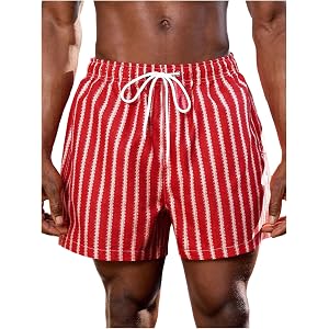 WDIRARA Men's Striped Swim Trunks Elastic Waist Drawstring Beach Board Shorts with Pockets