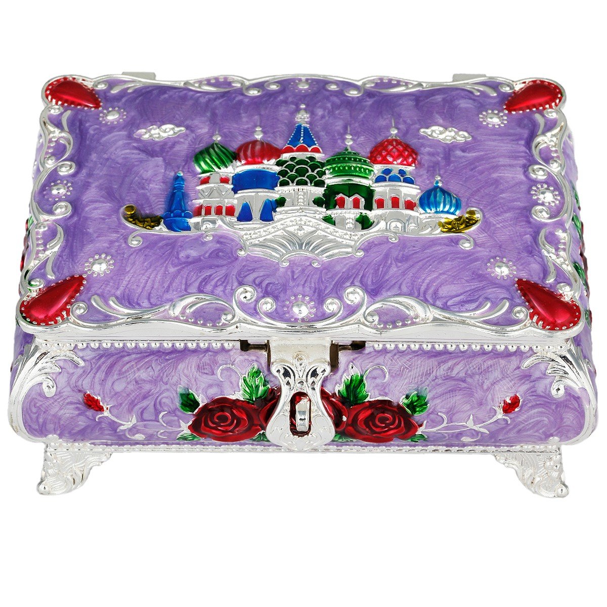 mookaitedecor 13cm Metal Vintage Purple Jewellery Trinket Storage Box Case Small with Mirror, Aesthetic Jewellery Box Gift for Women Girl for Storing Earrings Ring Bracelet Necklace, Castle