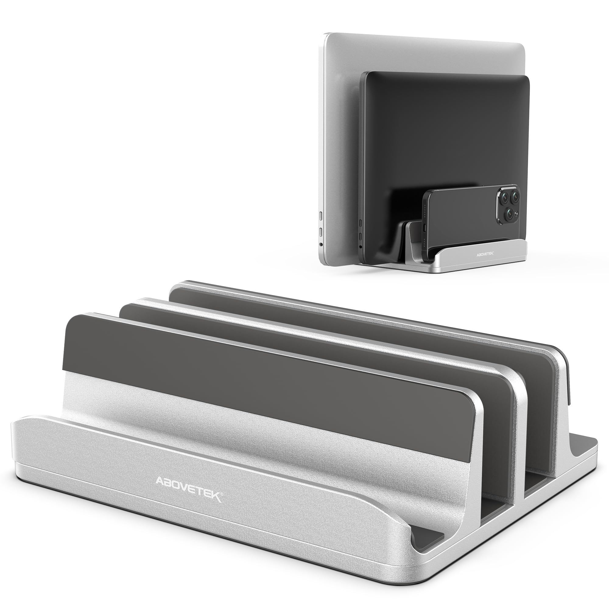 AboveTEK Vertical Laptop Stand 3 Slots for Computer, Tablet, Phone - Fits All Laptop Models (up to 17.3") - Heavy Duty Polished Aluminum Desktop Holder - Anti Slide Silicone Grips - Silver