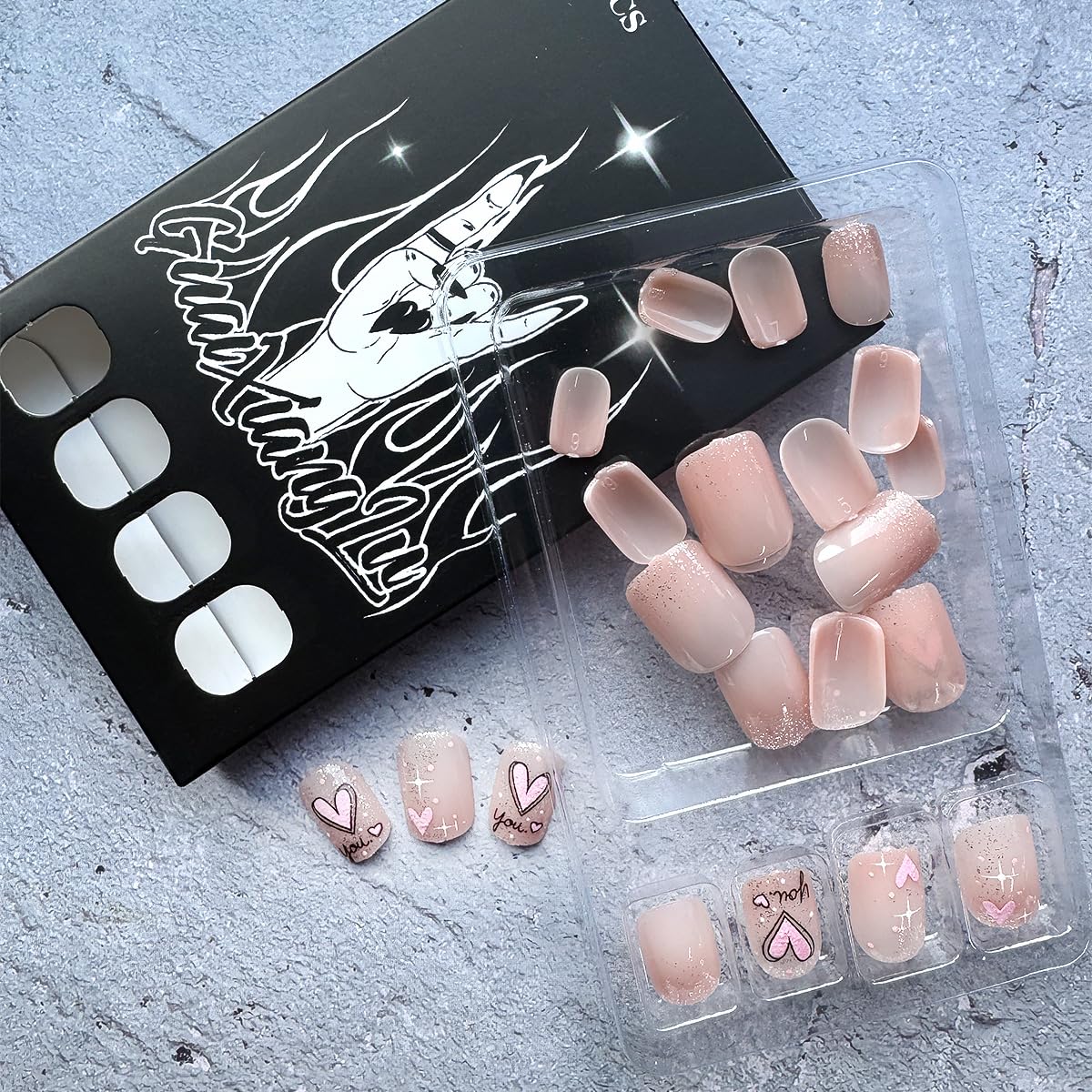 24Pcs Valentine's Press on Nails Short Square Heart Fake Nails Silver Glitter French Tip False Nails Pink Heart Artificial Nails Nude Full Cover Glue on Nails Valentines Stick on Nails for Women - Image 2