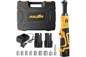FULLYEA 3/8" Cordless Electric Ratchet Wrench Set, 550RPM, 40Ft-lbs, 16.8V Extended Power Ratchet Tool Kit with Variable Speed, 1/4" Adapter, 3" Extension Bar, 2*2.0Ah Battery and Fast Charger(Yellow)