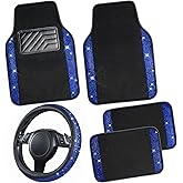 CAR PASS Bling Diamond Leather Steering Wheel Cover 14.5in-15in Floor Mats Shining Rhinestone Carpet Sparkly Glitter Crystal Anti-Slip Pad Fit Automotive SUV Pickup Truck Girl Women, 5pcs Black Blue