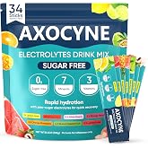 AXOCYNE Electrolytes Powder Packets Sugar Free 34 Sticks Hydration Packets | Daily Electrolyte Drink Mixes with Potassium &amp; Magnesium, Rapid Rehydration, Zero Sugar, 7 Flavors