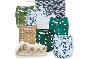 Nora's Nursery Morning Dew Cloth Diapers 7 Pack with 7 Inserts & 1 Wet Bag - Waterproof Cover, Washable, Reusable & One Size 