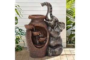 AUTODAYA Elephant Outdoor Water Fountain with LED Lights and Pump, 18.9" Tall Resin Garden Waterfall Feature for Patio, Porch, Yard