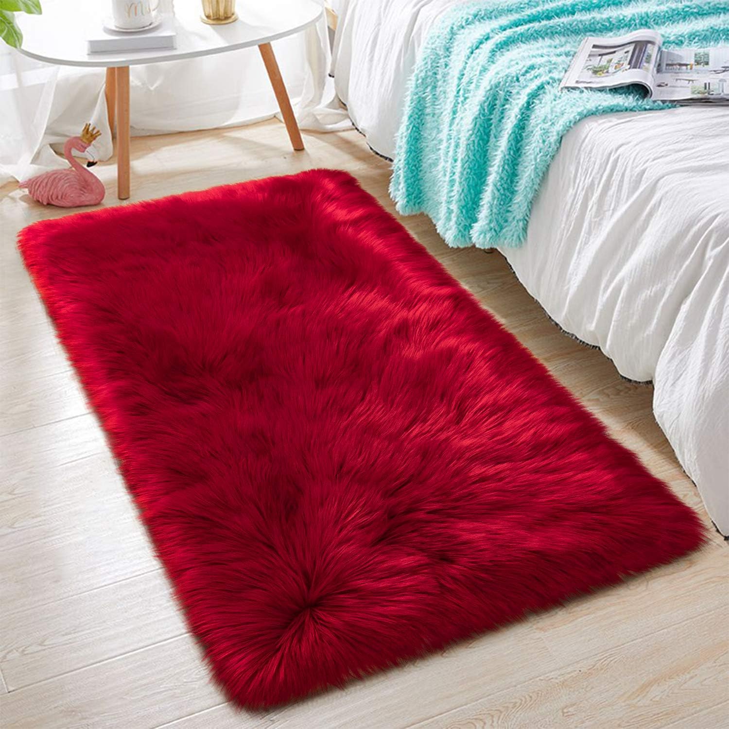 HOMORE Soft Fluffy Faux Fur Area Rug for Bedroom Living Room, Extra Comfy and Fuzzy Rugs, Washable Plush Carpet for Bed Home Decor, 2x4 Feet Red