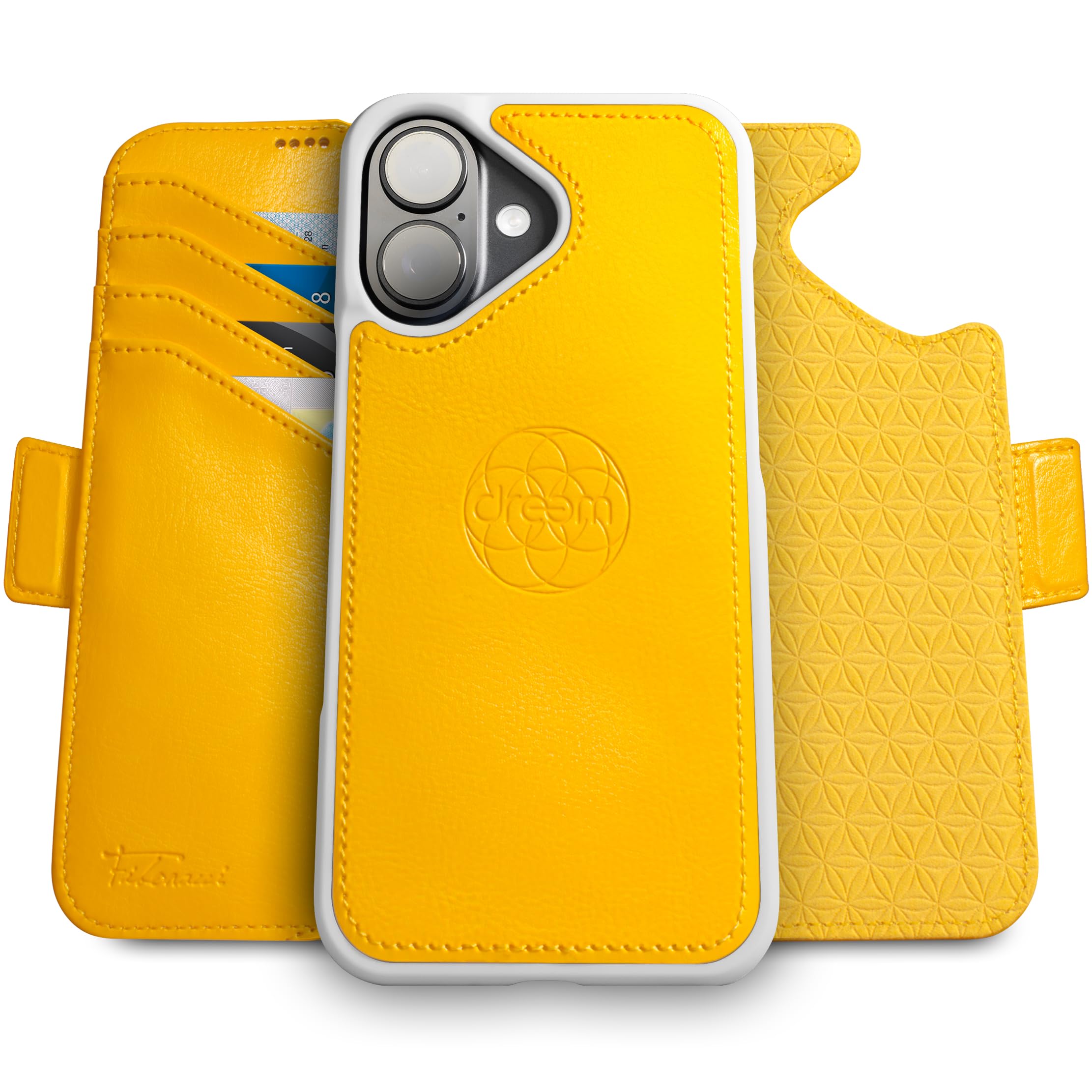 dreem Wallet Case for iPhone 16, Revolutionary Vert/Hor Phone Stand, Magnetic Detachable Vegan Leather Flip Cover RFID Blocking Card Holder, MagSafe-Fit, Gift Box [Fibonacci: Yellow]