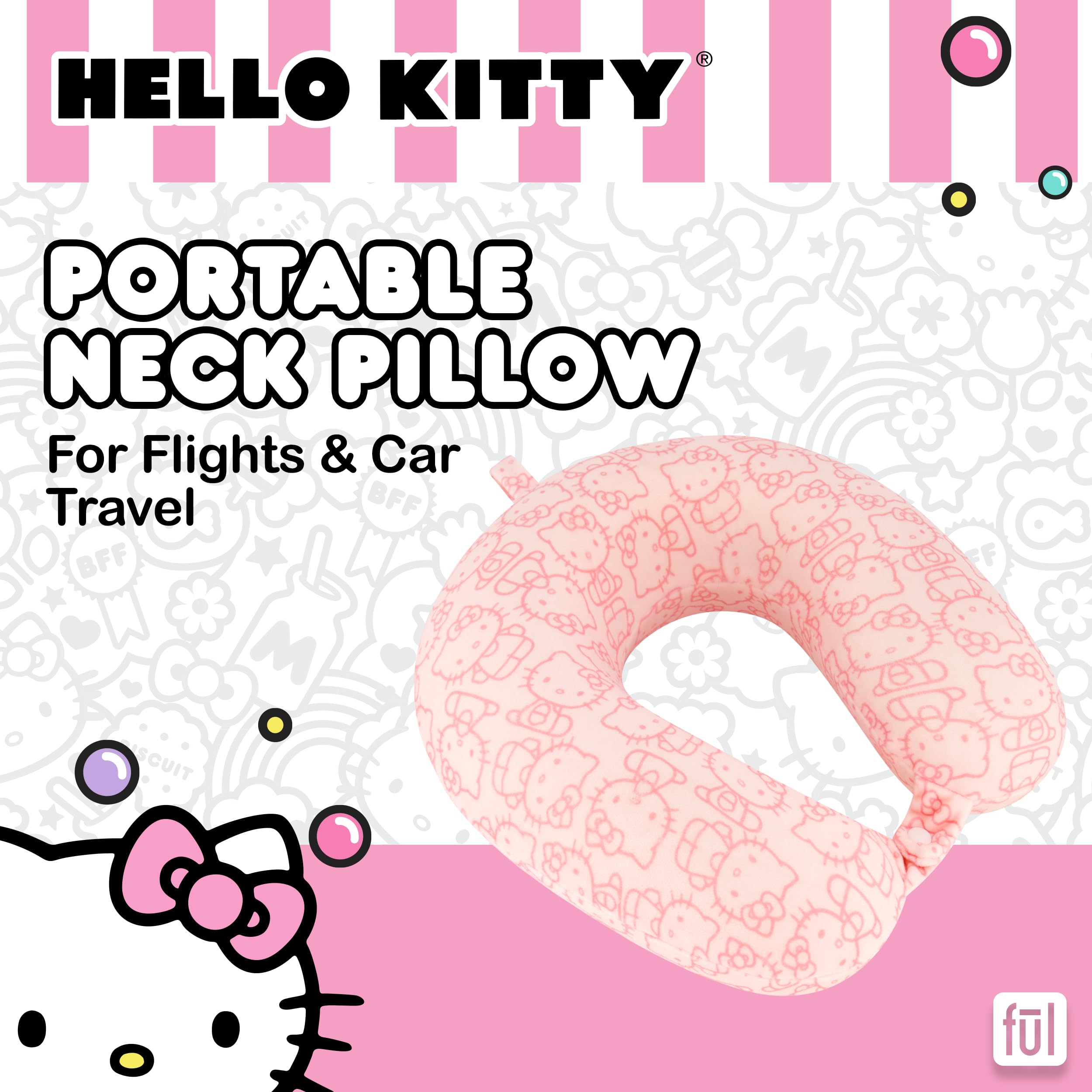 FUL Hello Kitty Neck Pillow, All Over Print Memory Foam Travel Accessories for Airplane, Car and Office, Comfortable and Breathable, Pink