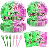Avezano 96 PCS Pink and Green Party Decorations Witch Bow Plates Tableware Girls Women Witch and Princess Birthday Party Supplies, Serves 24