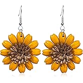 NONQL Handmade Vintage Genuine Leather Sunflower Flower Dangle Earrings Lightweight Retro Boho Daisy Flora Drop Earrings for Women Jewelry Gifts
