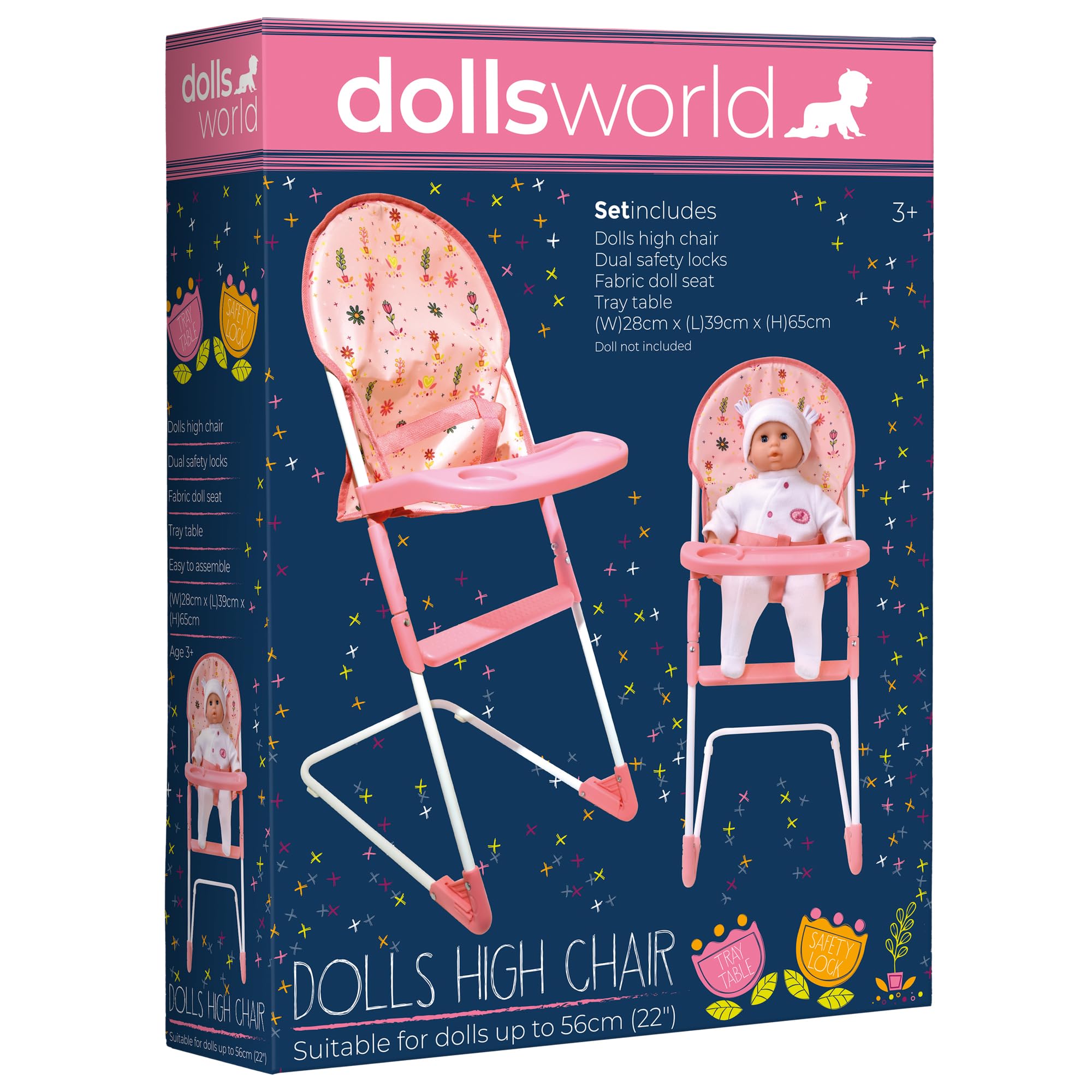 Dolls World from Peterkin | Folding high chair, suitable for dolls up to 56cm (22") | High chair measures 33 x 26 x 60cm | Dolls & Accessories | Ages 3+