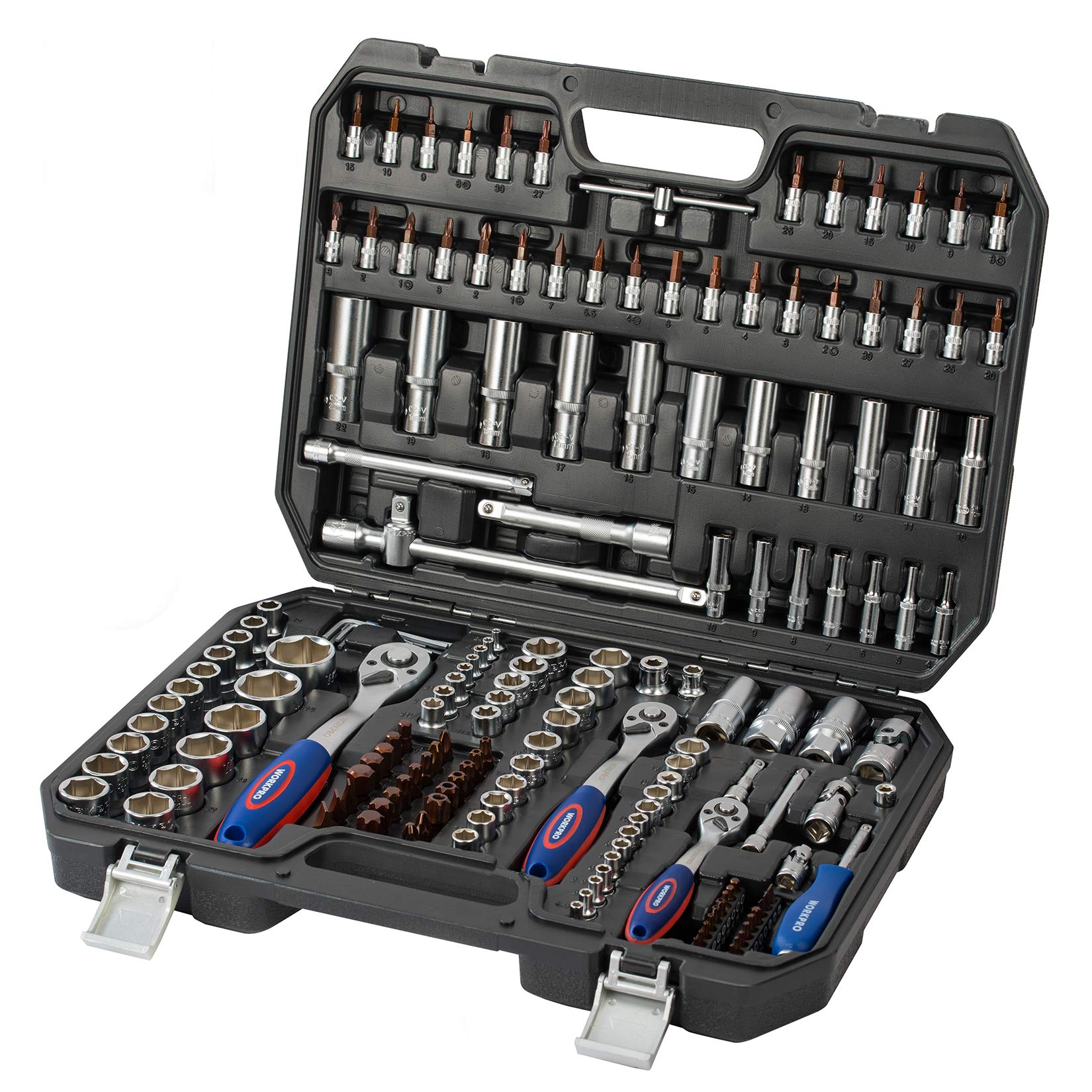 WORKPRO 172-Piece Socket Set, 1/4", 3/8", 1/2" Drive, CR-V Metric Sockets with 72-Tooth Quick-Release Ratchet Handle, with Extension Bars and Universal Joints, Ideal for Car and Home Repair