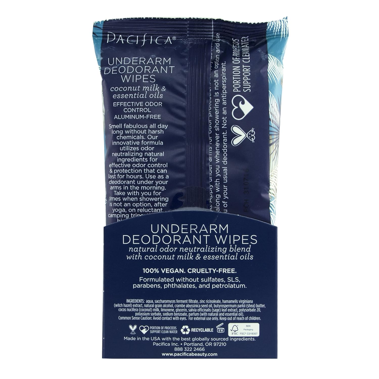 Pacifica Beauty Underarm Deodorant Wipes, Coconut Milk & Essential Oils, 30 Count: Beauty