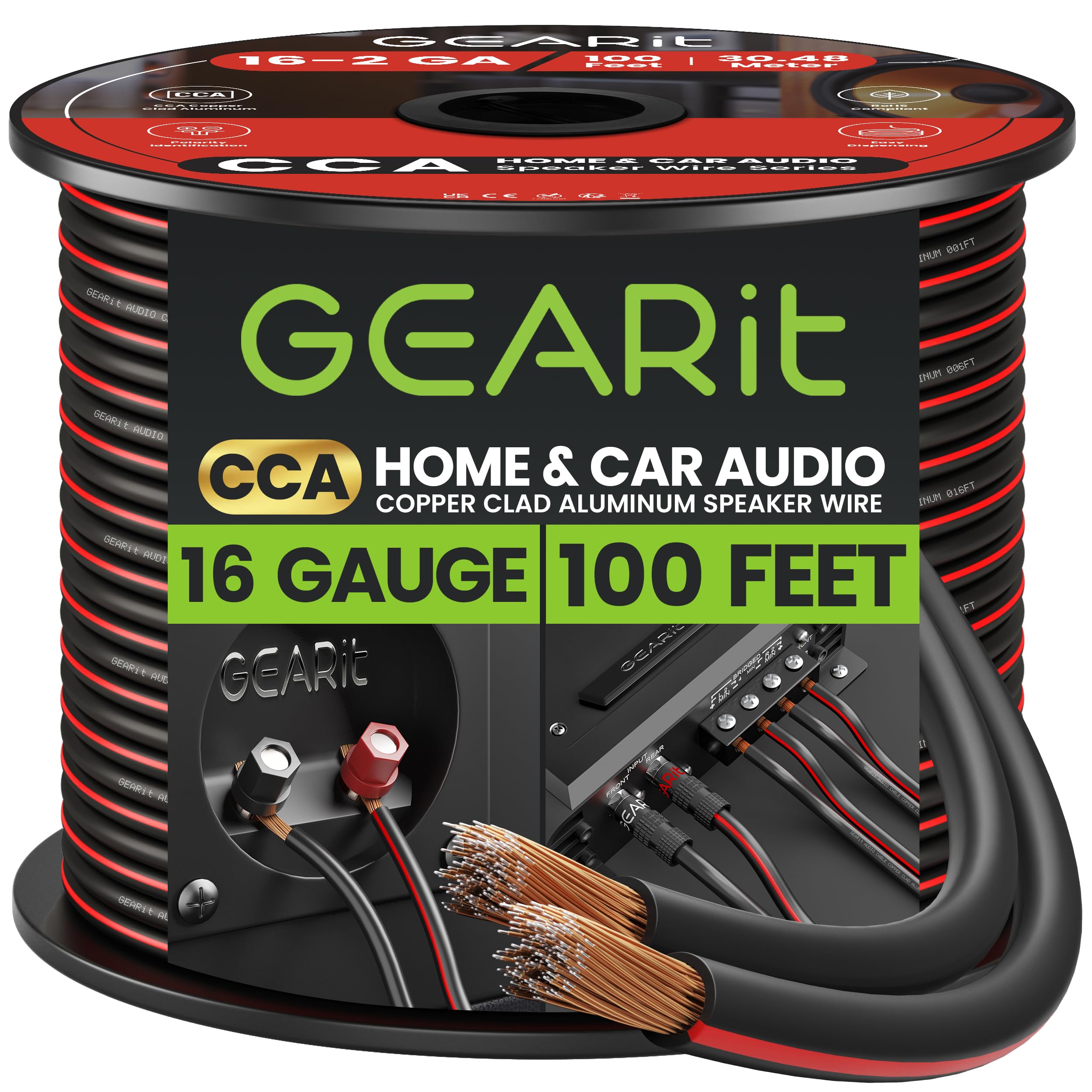 GearIT Speaker Wire Audio Cable CCA 2x1.5mm≤ (30.48 Meters - Black) Copper Clad Aluminum - Great for Hi-Fi Home Theater and Car Speakers - 16 Gauge AWG, 100 Feet — image 1
