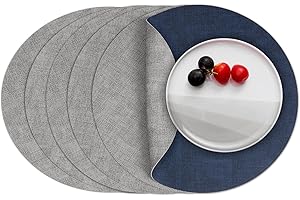 Myir JUN Round Placemats Dual Sided, Faux Leather Place Mats Set of 6 Indoor Placemats for Dining Table Outdoor Placemats Non-Slip Washable Table Mats (Gray Blue, Set of 6)