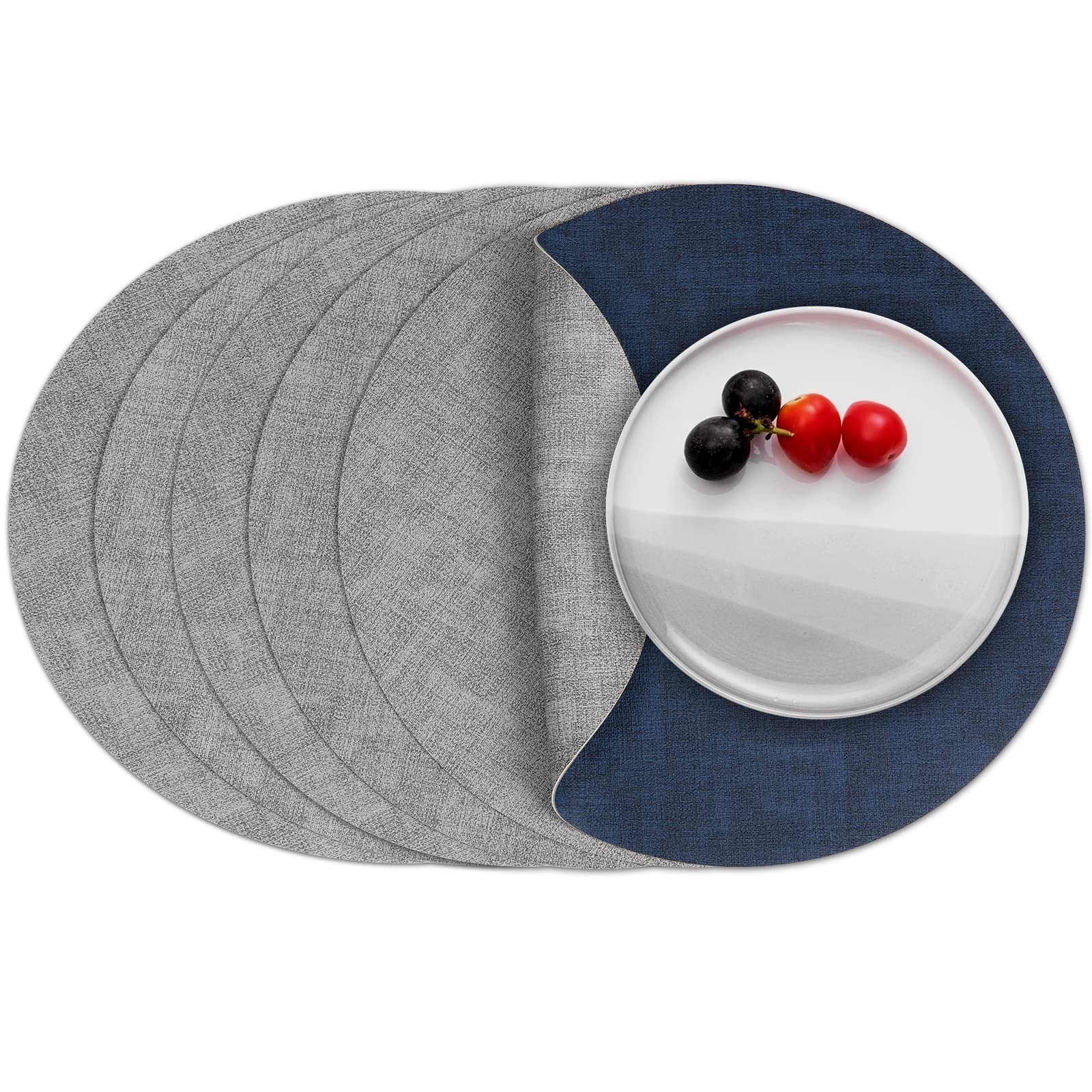 Photo 1 of Myir JUN Round Placemats Dual Sided, Faux Leather Place Mats Set of 6 Indoor Placemat for Dining Table Outdoor Place Mat Non-Slip Washable Table Mats (Gray Blue, Set of 6)