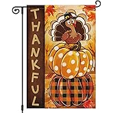 Heyfibro Thanksgiving Garden Flag 12x18 Inch Double Sided Thankful Turkey Pumpkin Flag Burlap Small Seasonal Fall Garden Flags for Outside House Farmhouse Yard Harvest Autumn Decoration