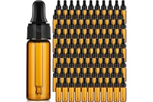 Bokon 100 Pcs Glass Dropping Bottles Mini Essential Oil Dropper Bottles Empty Sample Vials with Black Cap Tiny Storage Jars with Dropper for Perfumes Cosmetic Liquid Aromatherapy Lab (Amber,5 ml)