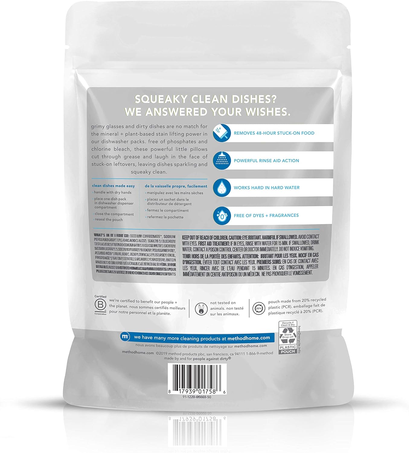 Method Dish Dishwasher Detergent Soap Pack, Free + Clear, 20 Count (Pack of 6) (Packaging May Vary): Health & Personal Care