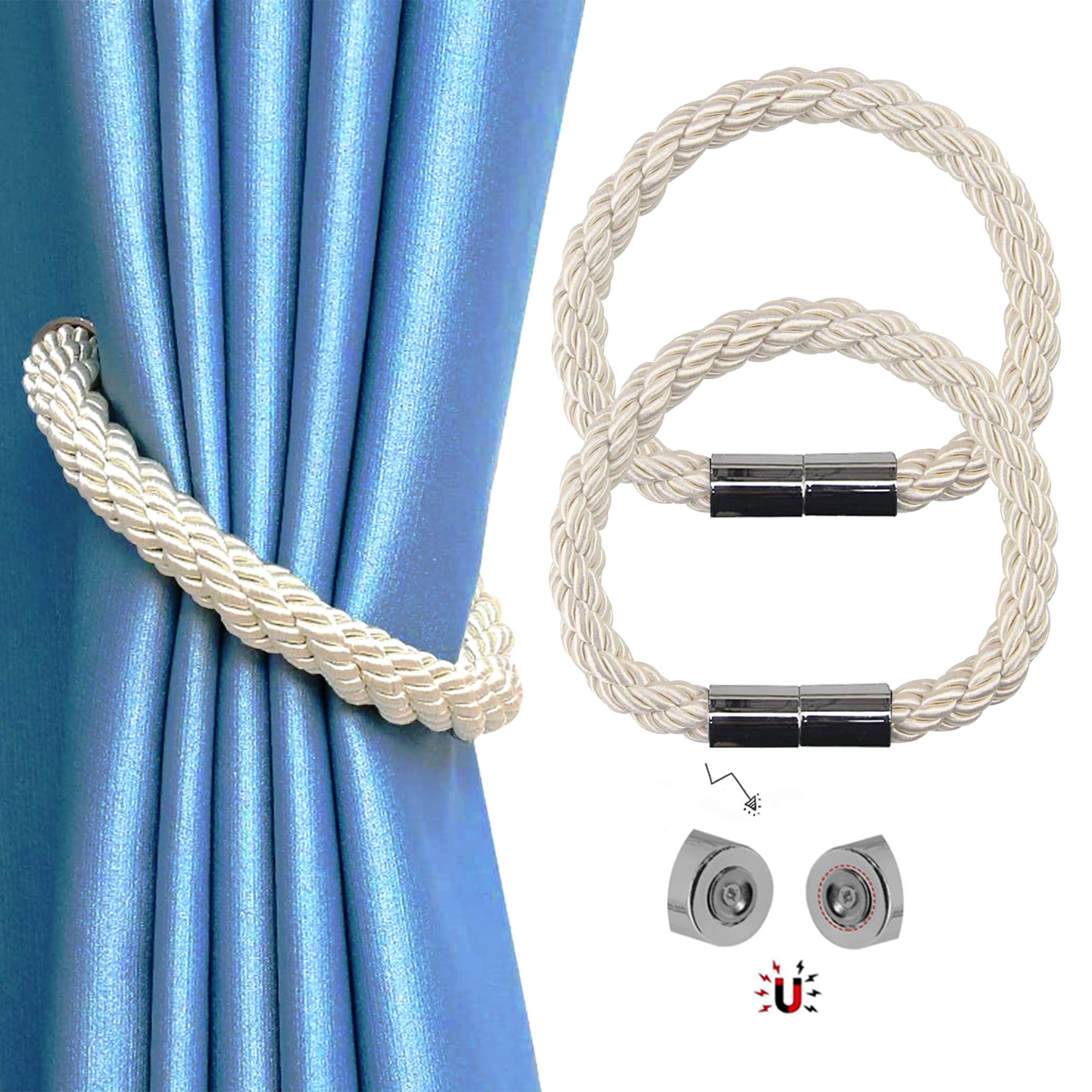 Magnetic Curtain Tie Backs, 2 Pack Braided Rope Curtain Holdbacks with Strong Magnet, 22 Inch Holder Decoration for Thin or Thick Home and Office Curtains, Beige — image 1
