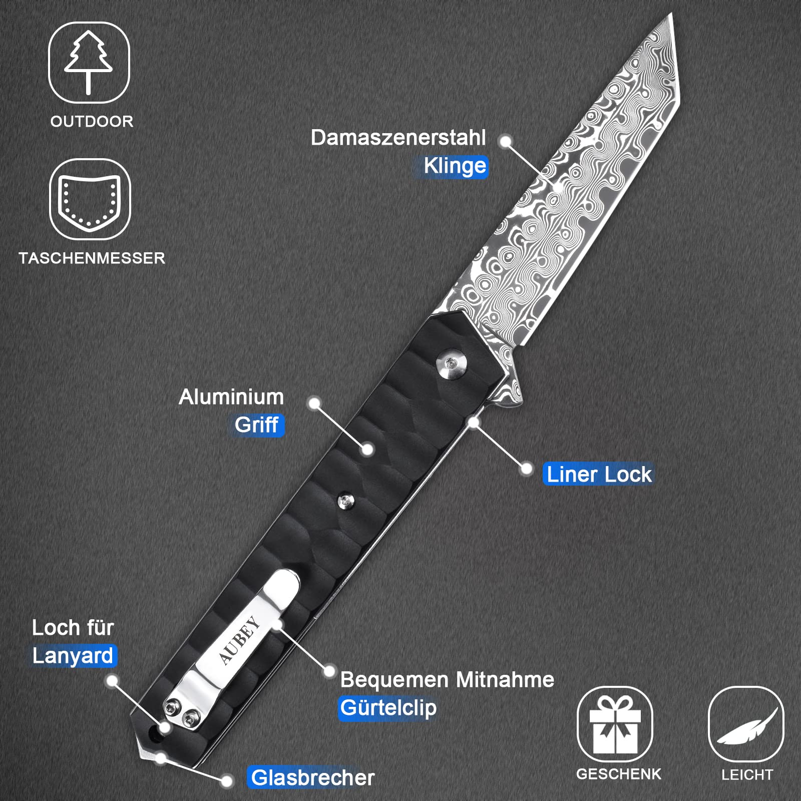 AUBEY Damast Taschenmesser Klappmesser mit Clip, Damaststahl Klinge Tanto Messer mit Flipper, Liner Lock, Aluminium Griff, Glasbrecher, Geschenkbox - Einhandmesser für EDC Jagd Camping Sammeln 6
