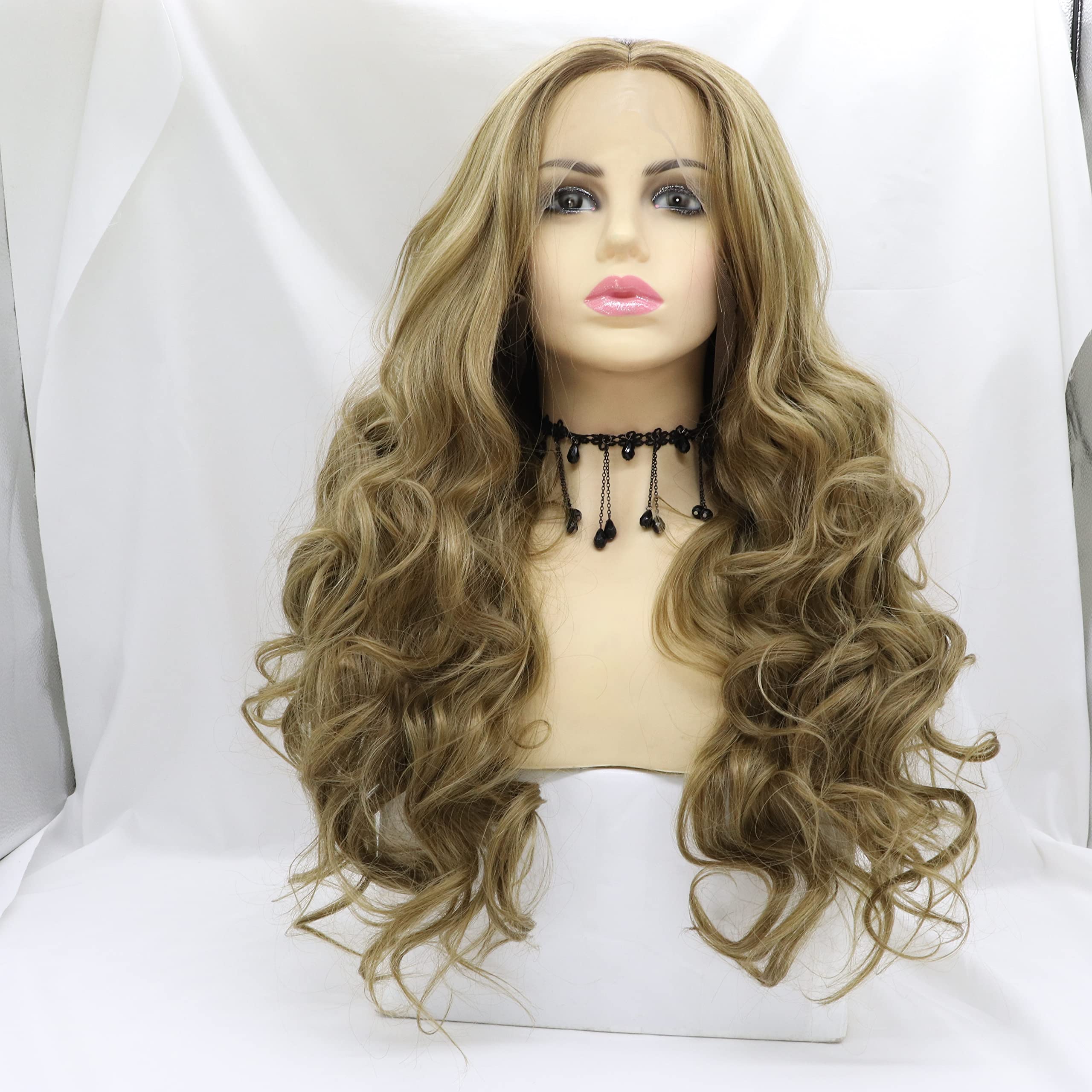 Xiweiya Long Brown Curly Lace Front Wigs with Dark Roots 2 Tones Middle Part Long Dark Brown Wig Heat Resistant Fiber Half Hand Tied Wig For Women Drag Queen 24inch
