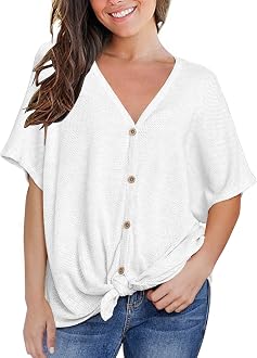 MIHOLL Women's Casual Tops Short Sleeve V Neck Button Down Loose Blouse  Shirts (Small, White) at Amazon Women's Clothing store