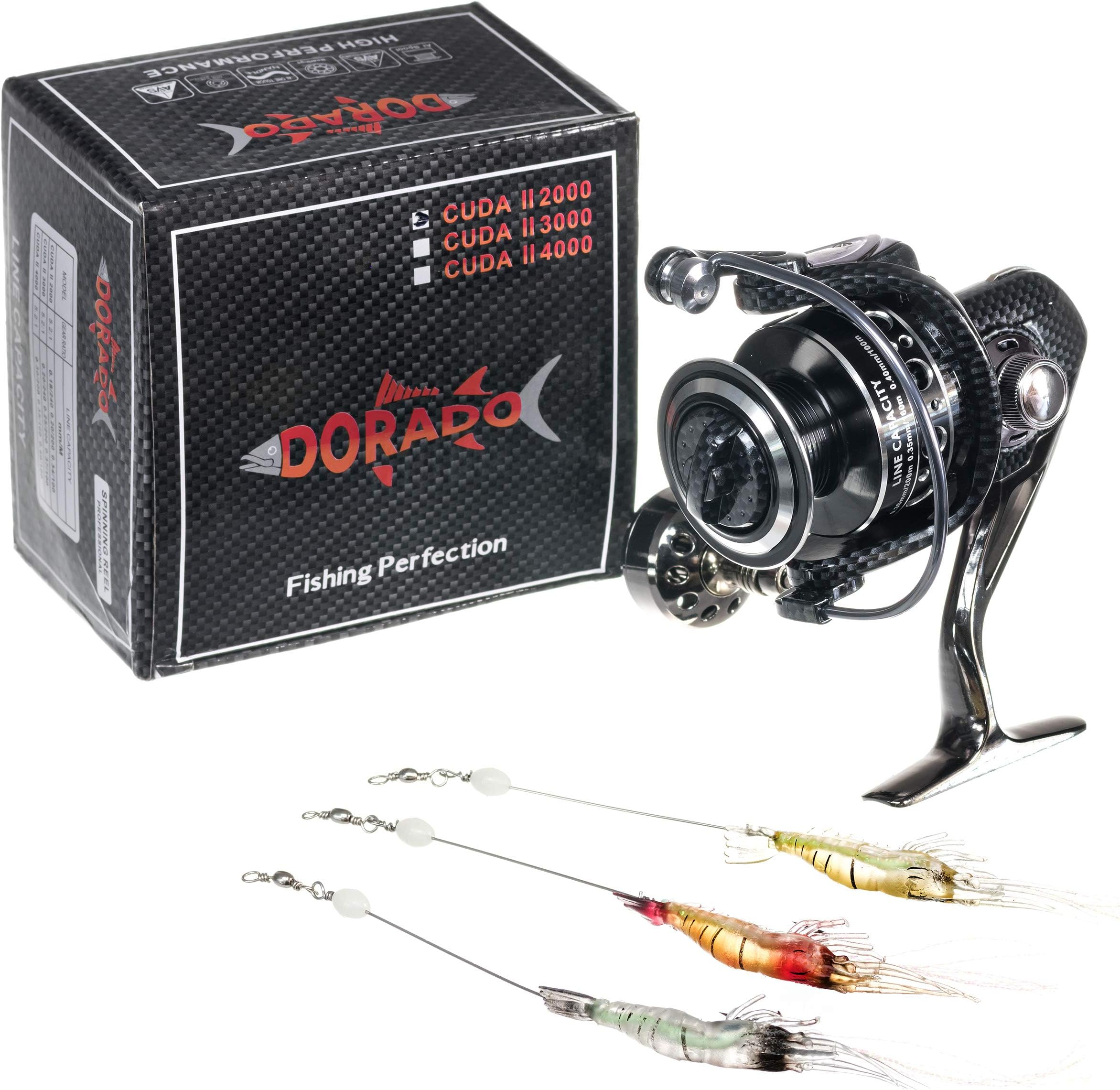 DORADO Cuda II Spinning Reel - Aluminum Alloy - 12 + 1 Ball Bearings - Smooth Casting - Ultra Light Weight - Double Bearing - Bonus 3 Shrimp Lures!!