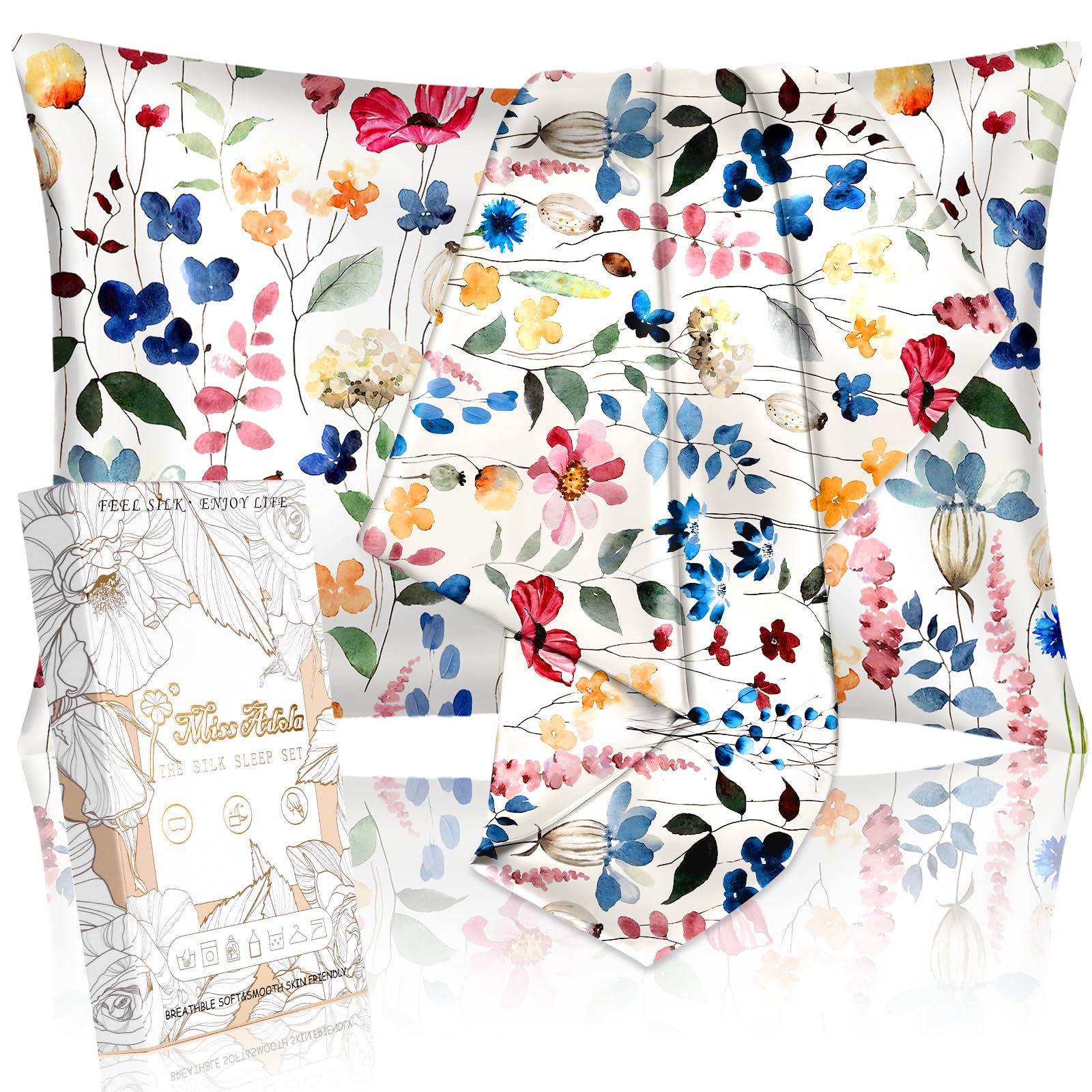 Photo 1 of Miss Adola 2 Pack Mulberry Silk Pillowcase for Hair and Skin - Standard Size 20 x 26 Inches with Hidden Zipper Watercolor Flower 19 Momme Soft Sleeping Silk Pillow Case for Women, Moms