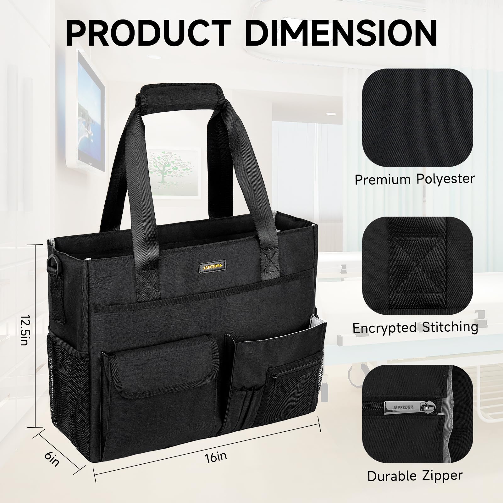 Nurse Tote Bag for Work with Padded Laptop Sleeve, Large Clinical Bag for Nursing Students, Nursing Essentials for Doctor & Home Health Care Staff, Diaper Changing Tote Bag,Black