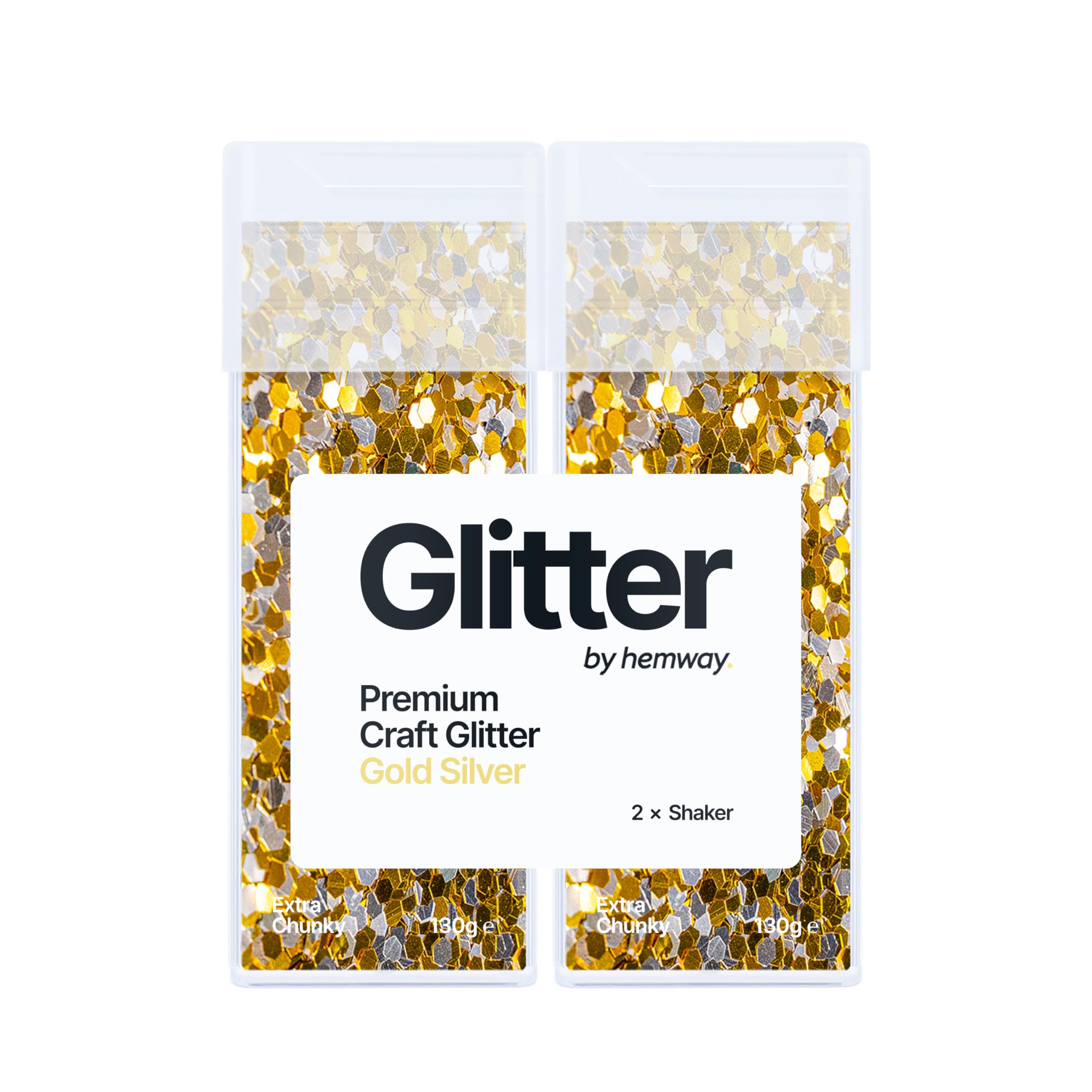 Hemway Glitter Shaker Gold Silver 130g x2 Pack Extra Chunky, Craft Glitter Shakers for Resin & Epoxy Crafts, Christmas Art Supplies, Nail, Body, Face, Eye, Festival, Crafting, Slime, Sparkle
