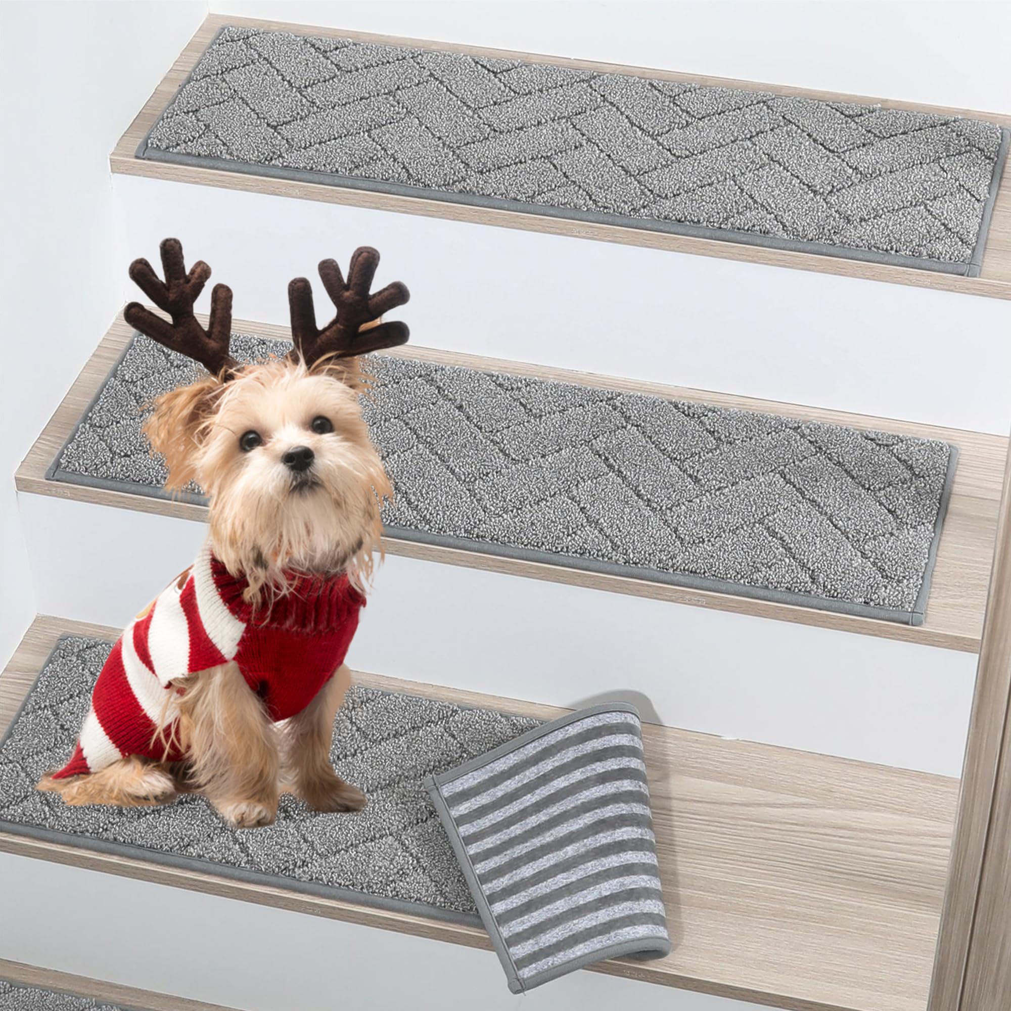 Photo 1 of BEQHAUSE Stair Treads Non Slip Stair Runners Step Carpet Mat for Wooden Steps Indoor Machine Washable 28inX9in Edging Polyester Soft Stair Rugs for Kids Elders Pets with TPE Backing(Grey,4pcs)