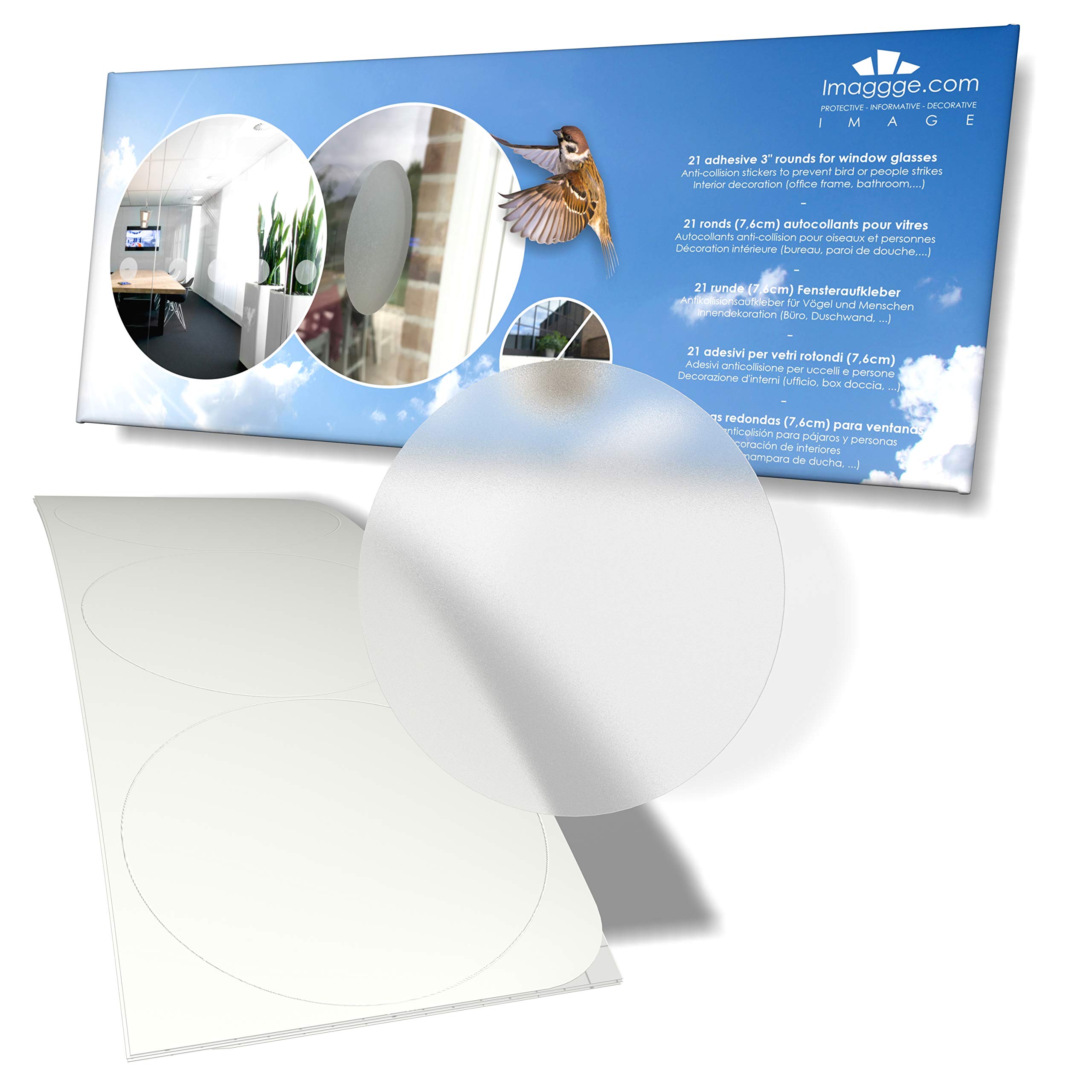 Decooo.be Anti-Collision Stickers to Prevent Persons or Birds Strikes on Window Glass - Set of 21 rounds - Diameter 3 inch - Colour: Translucent Frosted/Dusted