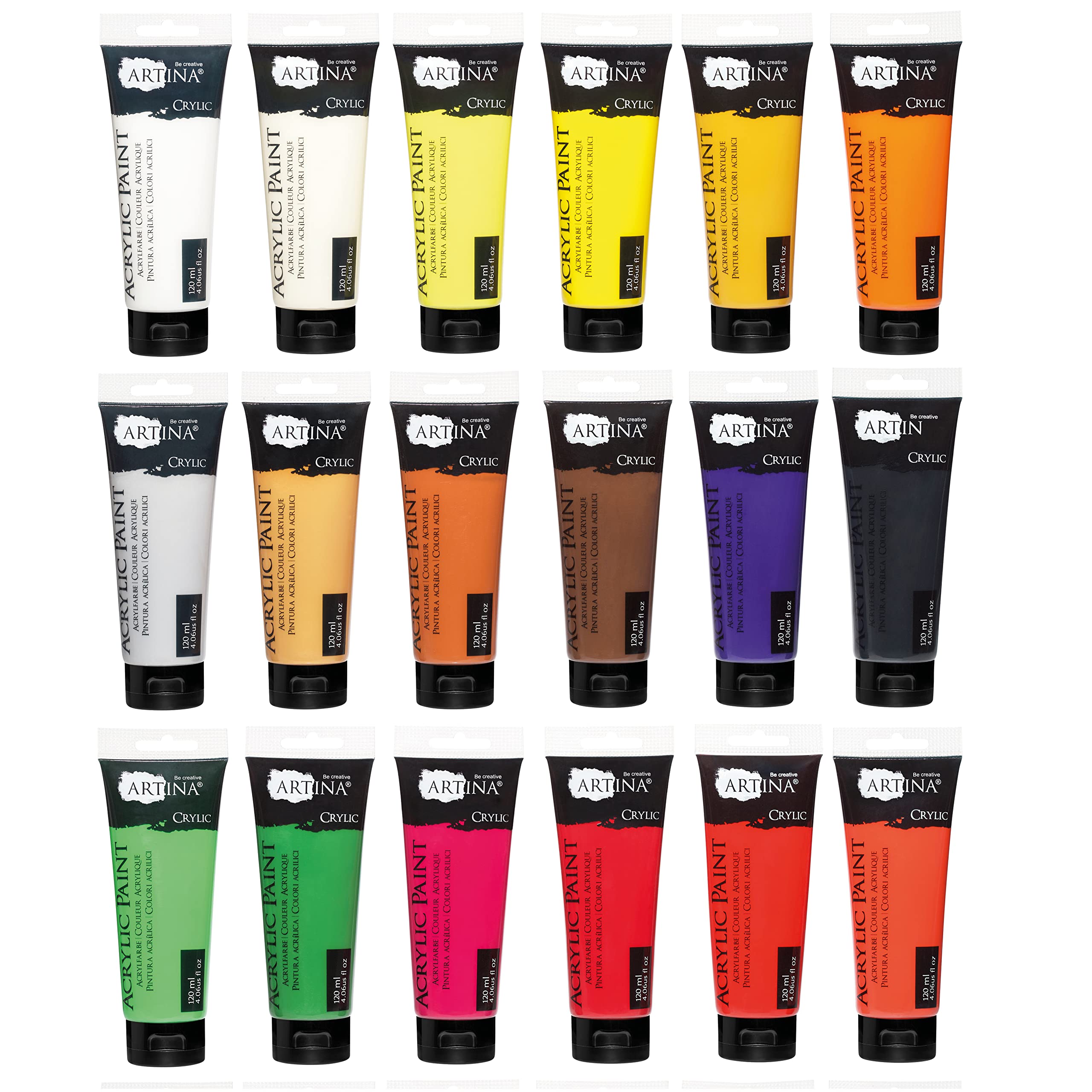 Artina 24pcs Acrylic Paints Set 120ml Crylic – 24x120ml Professional Colours for Painting - Highly Pigmented, Luminous & Quick-Drying Paints – Waterproof & High Coverage