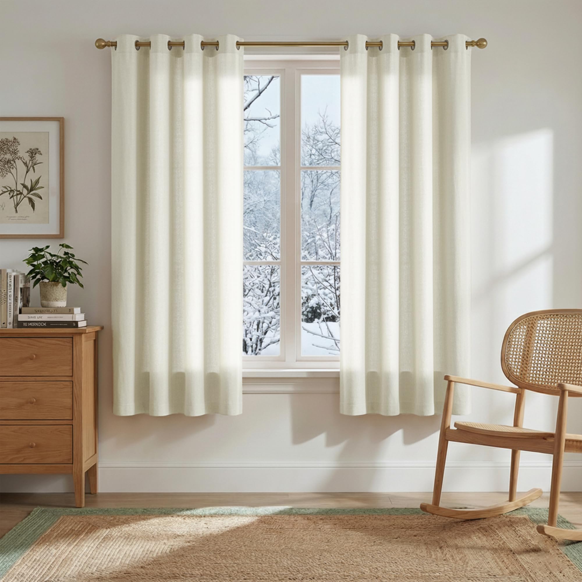 PONY DANCE Short Linen Curtains 54 Drop Pair, Eyelet Top Semi Linen Sheer Curtains for Bedroom/Nursery/Kitchen, Light Filtering & Privacy Assured Elegant Panels, Set of 2, 55x54-Inch, Cream Beige