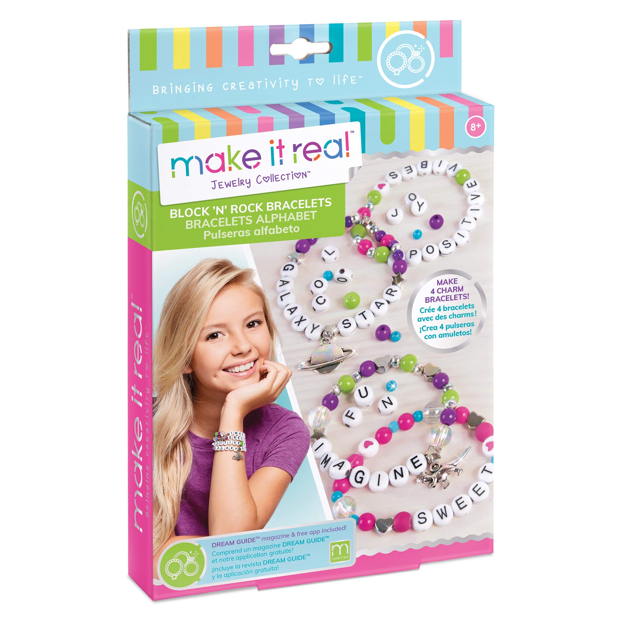 Make It Real: Block ‘N Rock Bracelets Kit - Create 4 Unique Letter Charm Bracelets, 147 Pieces, Includes Play Tray, All-in-One, DIY Bead Jewelry Kit, Tweens & Girls, Arts & Crafts, Kids Ages 8+