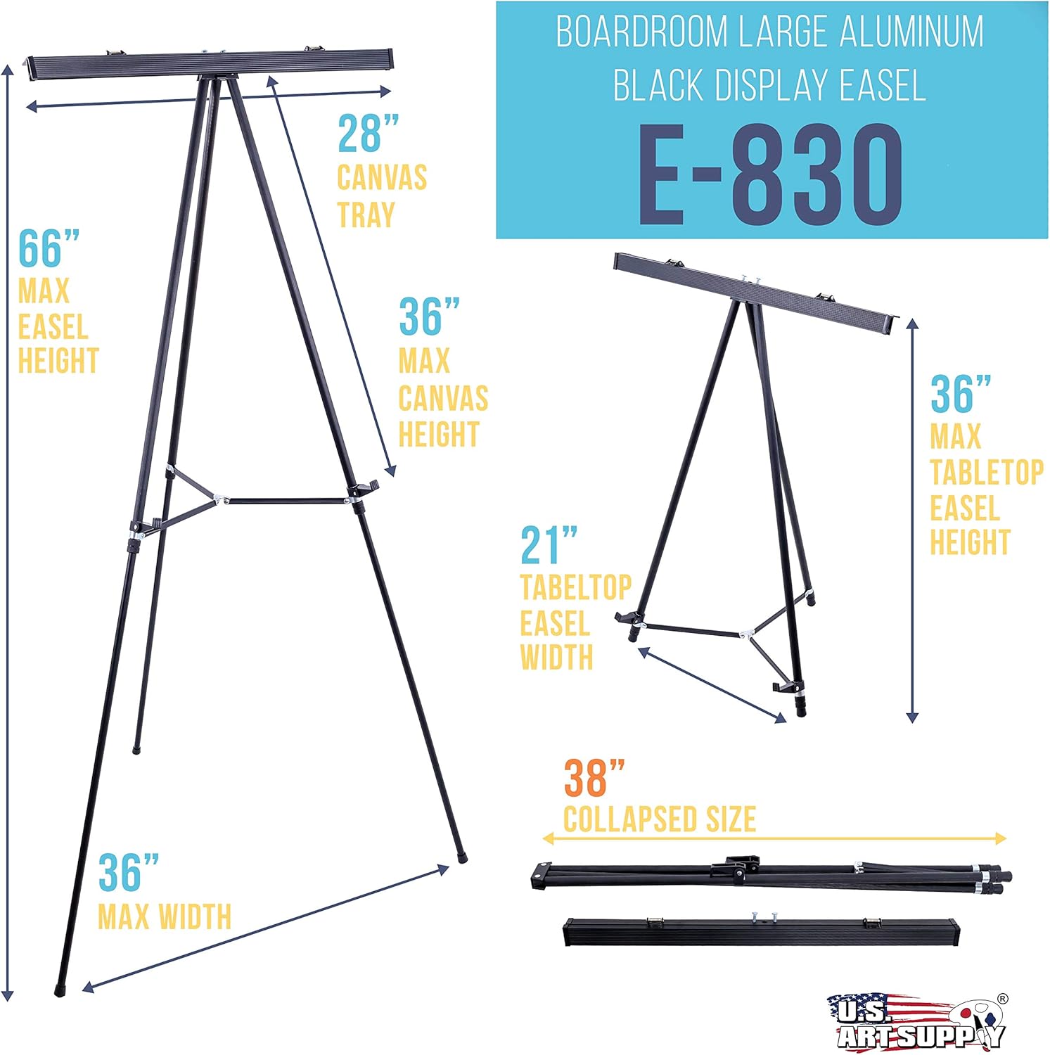 U.S. Art Supply 66" High Boardroom Black Aluminum Flipchart Display Easel and Presentation Stand - Large Adjustable Floor and Tabletop Portable Tripod, Holds 25 lbs - Holds Writing Pads, Poster Boards: Kitchen & Dining