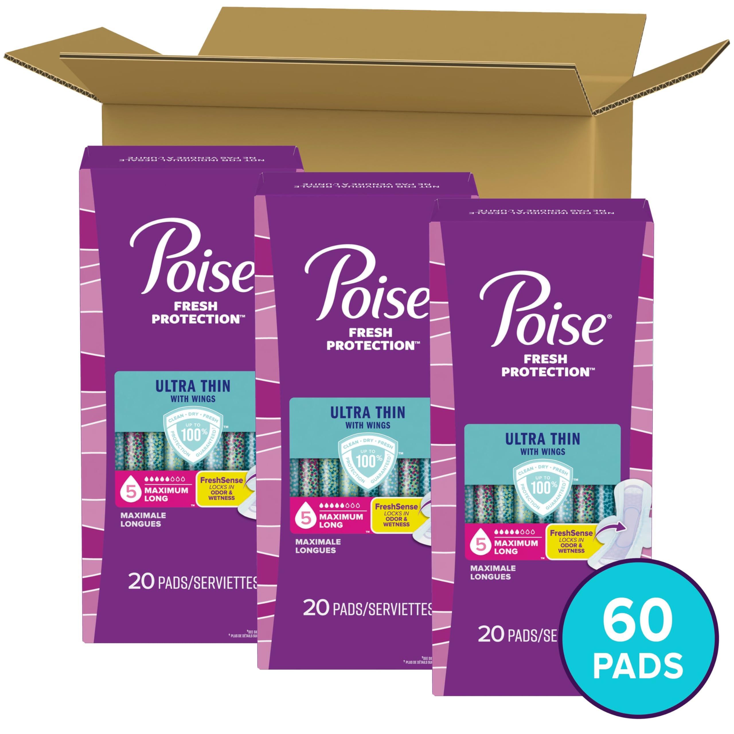 Poise Ultra Thin Incontinence & Postpartum Pads with Wings for Bladder Leaks, 5 Drop Maximum Absorbency, Long Length, 60 Count, Packaging May Vary