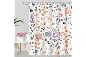 MAYZUS Floral Shower Curtain, Colorful Flower Fabric Shower Curtain for Bathroom, Cute Botanical Leaf Wildflower Bath Curtain Boho Vintage Rustic Trendy Cloth Shower Curtain Set, Ivory, 72x72