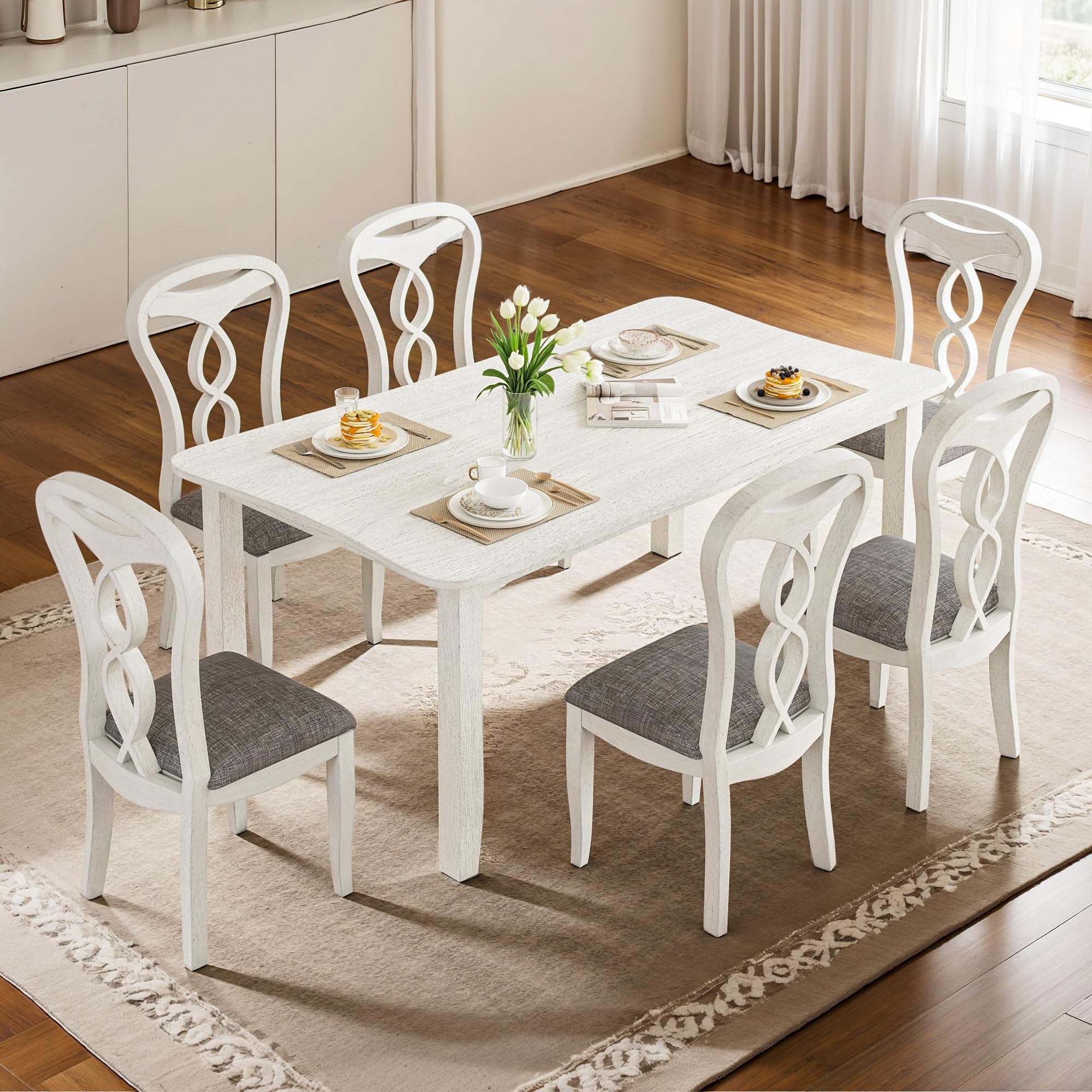 Photo 1 of ***PARTIAL SET, ONLY TWO CHAIRS!!!*** Peatuk 7-Piece Solid Wood Dining Table Set with 6 Upholstered Chairs - Easy Assembly Modern Design for Kitchen & Small Spaces, Durable Wooden Table and Chairs for Dining Room, Kitchen, Light Grey