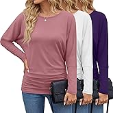 Velvelhall 3 Pack Women's Dolman Sleeve Tops Casual Long Sleeve Flowy Side Ruched Shirts Round Neck Bat Wing Draped Basic Tee