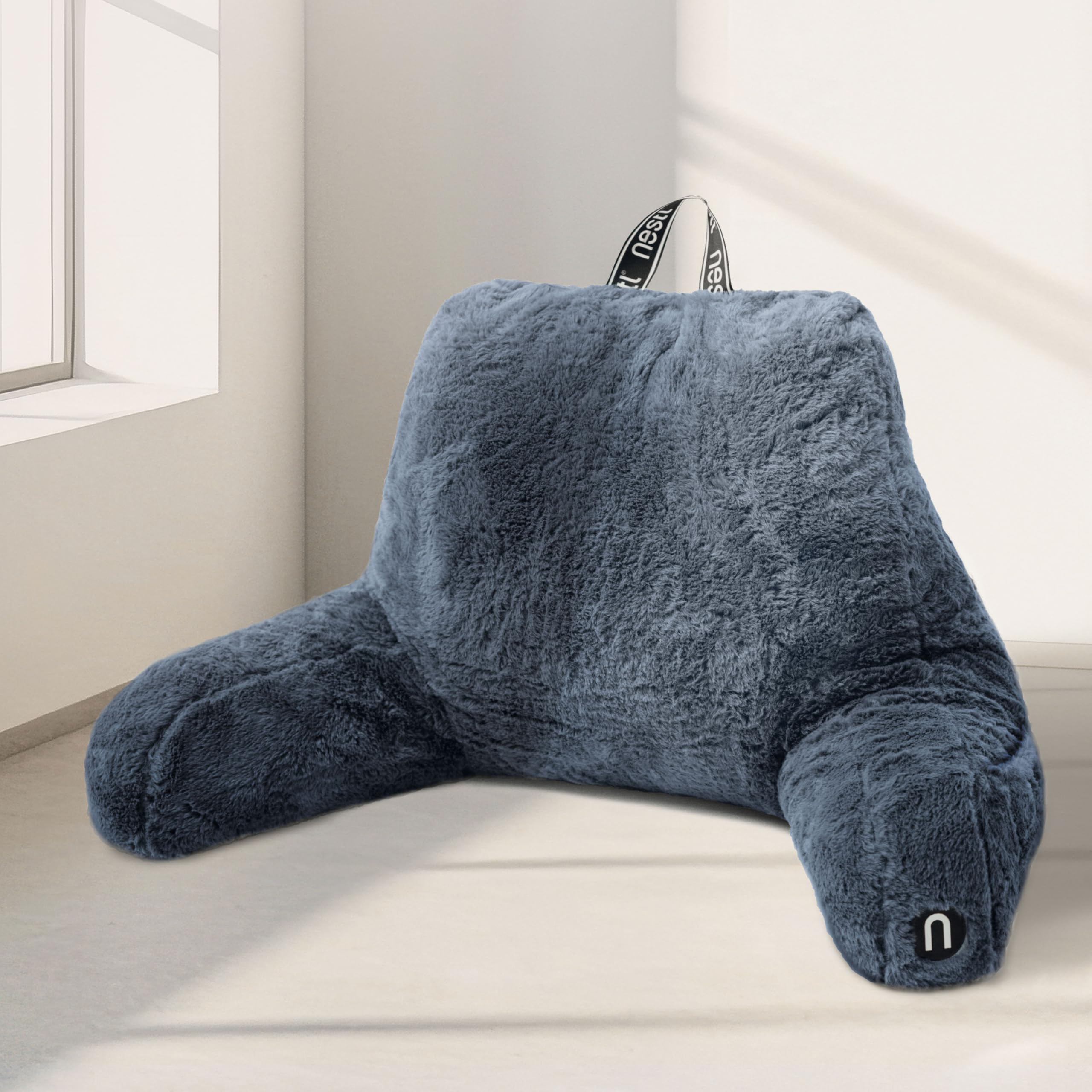 Nestl Fur Reading Pillow, Stylish Back Pillow for Bed Sitting Up, Faux Fur Bed Chair Pillow with Arms, Reading Pillows for Sitting in Bed Adult & Kids, Sit Up Back Support Pillow for Bed Rest – Blue