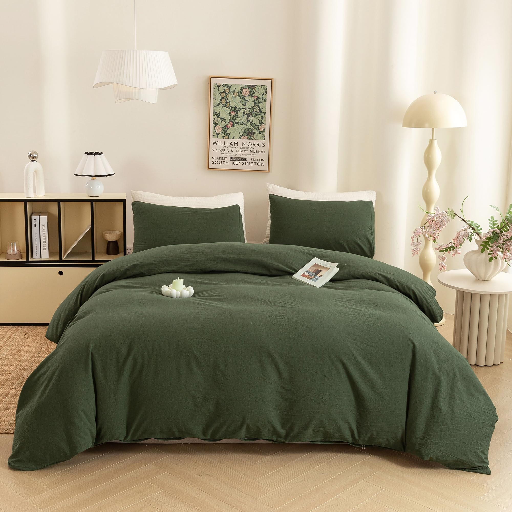 Photo 1 of ECOCOTT 3 Pieces Duvet Cover King 100% Washed Cotton 1 Duvet Cover with Zipper and 2 Pillowcases, Ultra Soft and Easy Care Breathable Cozy Simple Style Bedding Set (Avocado Green)