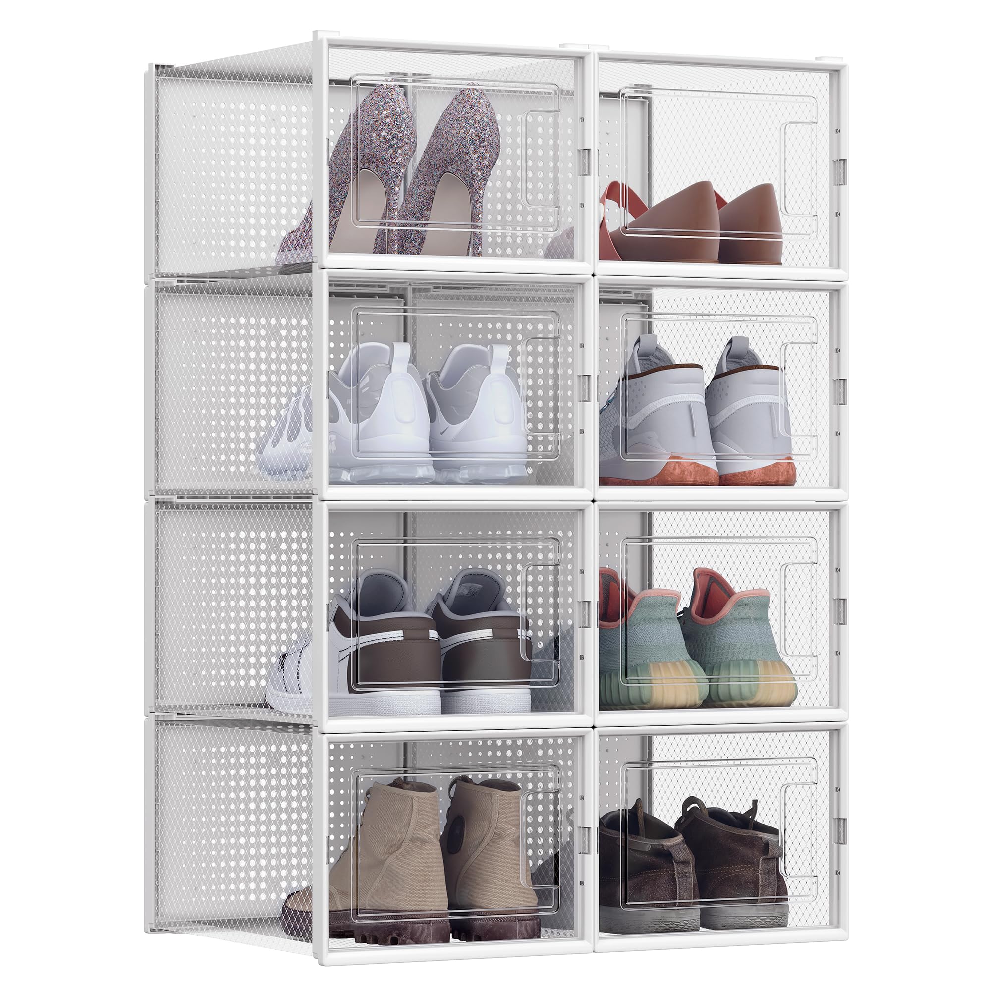 SONGMICS Shoe Boxes, Pack of 18 Stackable Shoe Storage Organisers, Foldable and Versatile for Sneakers, Fit up to UK Size 11, Transparent and White LSP18MWT
