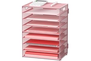 GAWERK 9-Tier Paper Organizer Letter Tray with Handle, Mesh File Organizer Paper Sorter Holder, Desk Organizer for Office Home School, Pink