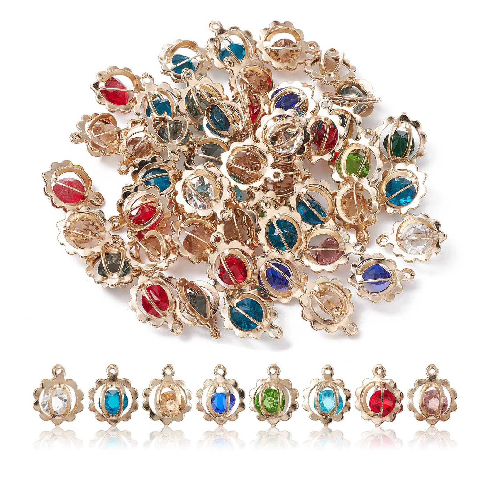 Stiesy 50Pcs Mixed Colour Rhinestones Charms Lantern Small Cages Pendant Charm with Round Faceted Glass Bead Charms for Jewellery Making DIY Bracelet Crafting