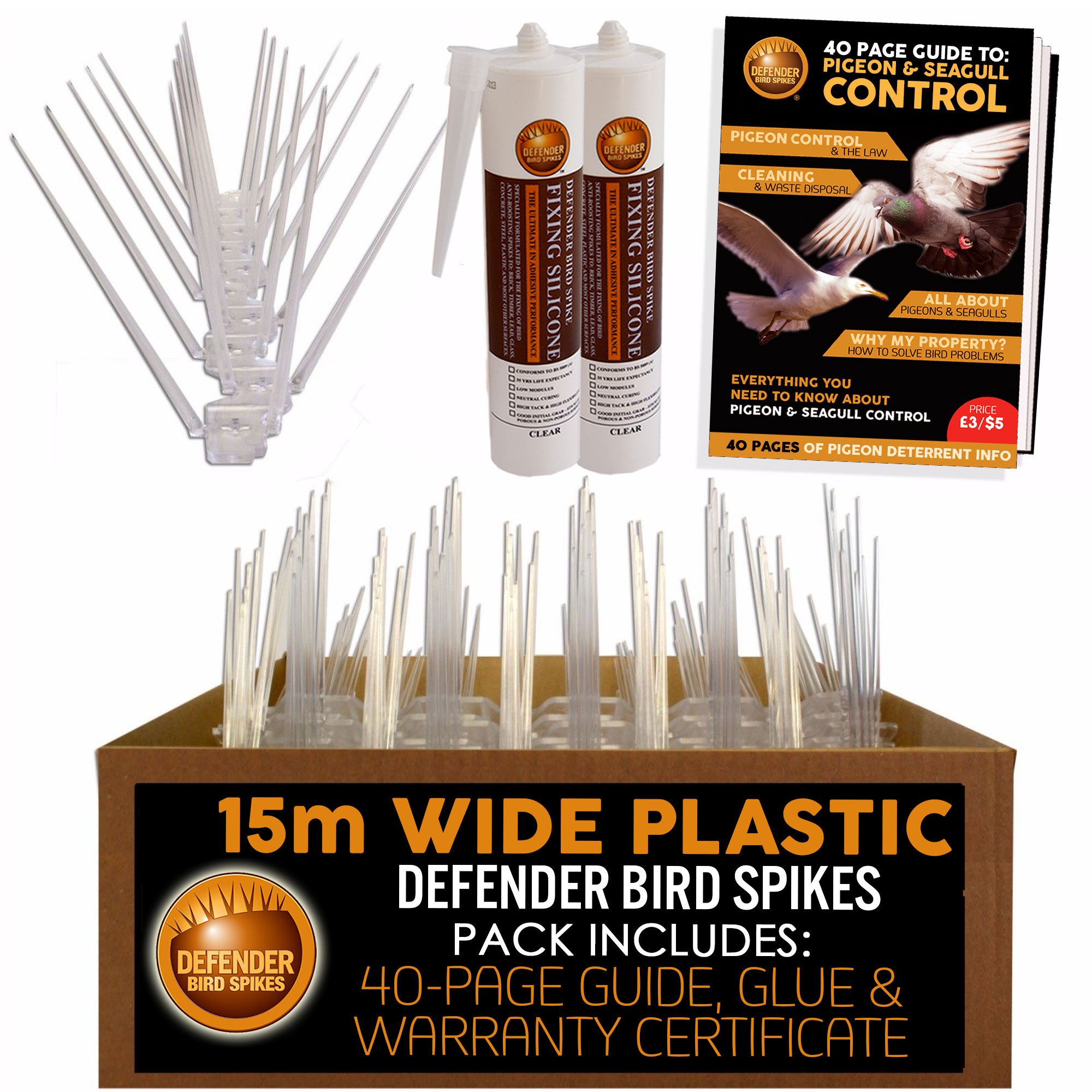 Defender Bird Spikes | Wide Plastic | Glue | Guide | 15 Metre | Various Size Packs